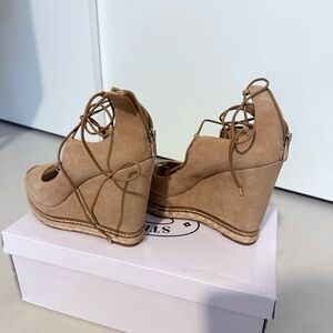 Tan Suede Tie Up Wedge Heels